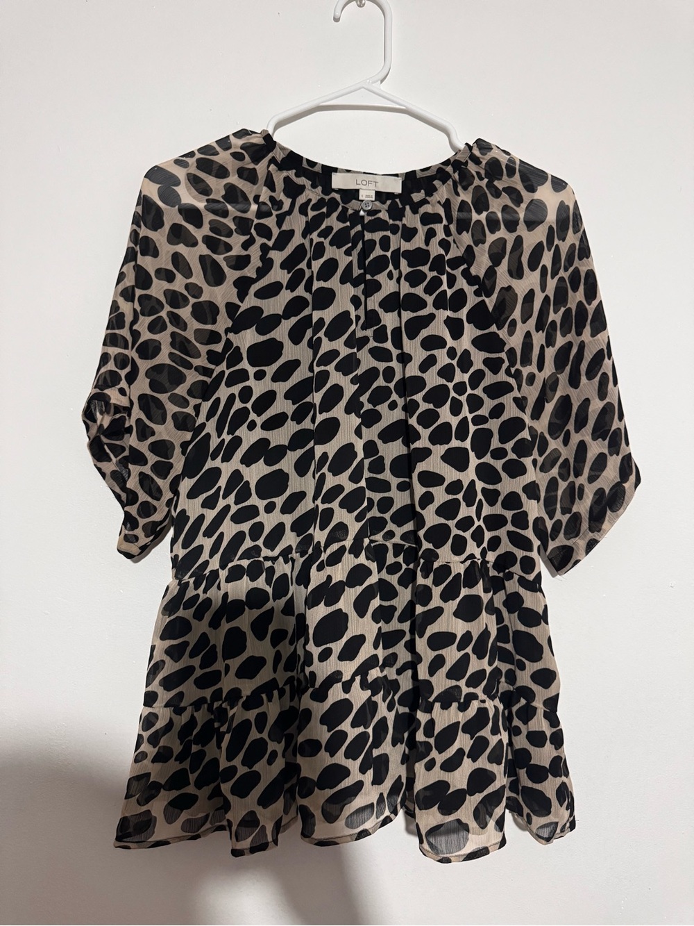LOFT Black and Tan Animal Print Tiered Blouse